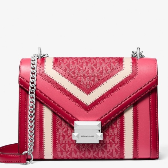 Michael Kors Whitney MD Color-Block and Signature Logo Shoulder Bag Raspberry - Picture 1 of 11
